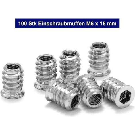 Insert Fileté Bois - M6 x 15 mm - Pour Assemblage Meubles en Bois - Lot de 100 Pièces (1/4)