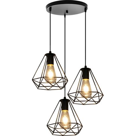 Ø200MM Lustre Diamant Rétro Industriel Suspension Luminaire Vintage Plafonnier Hauteur Réglable 3 Supports De Lampe Suspension Noir (1/5)
