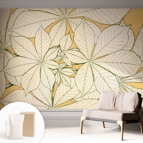 Papier peint intissé mural avec imprimé pour décoration pour salon pour chambre à coucher pour entrée Feuilles de châtaignier 312x219 cm (1/5)