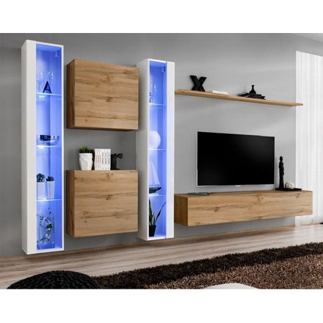 Meuble TV Mural Design "Switch XVI" 330cm Naturel & Blanc (1/4)