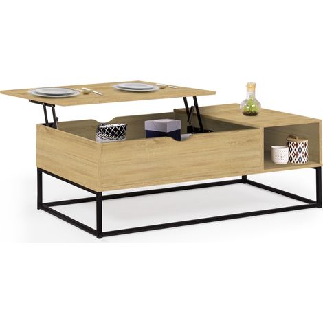 Idmarket – Table basse relevable rectangulaire avec rangements – Structure en panneaux de particules et métal – Dimensions 110x55x44,5 cm – Style industriel (1/5)