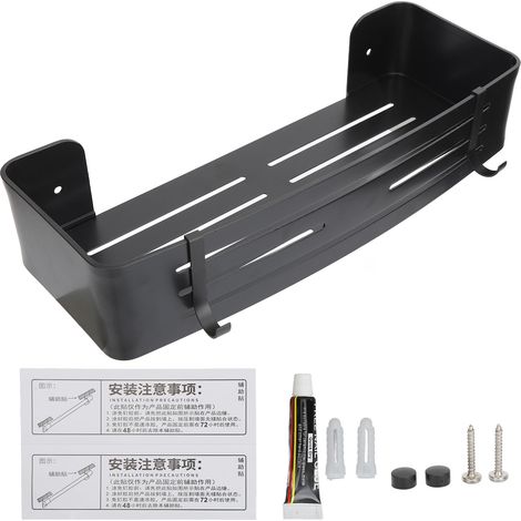 Grande étagère murale de salle de bain en aluminium noir, capacité spacieuse, rangement flottant gain de place pour douche. (1/5)
