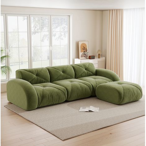 Canapé d’angle modulare 3 posti in chenille verde con pouf, design senza struttura rigida (1/5)