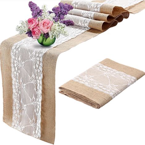 2 x Chemin de Table en Lin toile naturelle bordure en dentelle 30x275cm Kaki