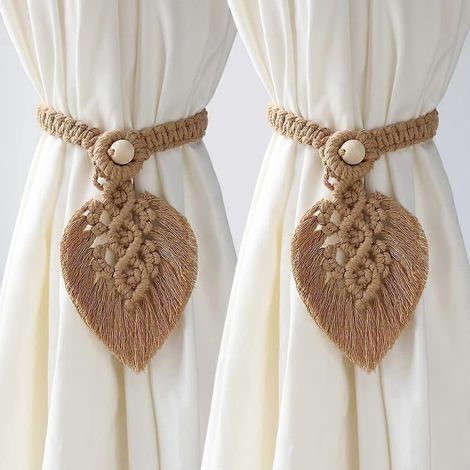 Lot de 2 embrasses de rideaux artisanales - Embrasses de rideaux style ferme en corde de coton tissée à la main, embrasses pour une décoration bohème (beige). (1/5)