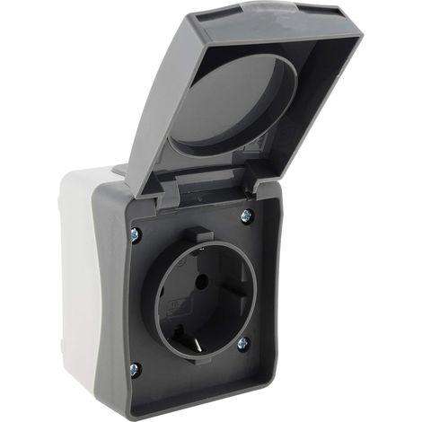 Prise simple pour pièces humides - Montage en saillie - Pour intérieur et extérieur - IP54 - Avec couvercle rabattable - Résistant aux intempéries - 250 V - Gris anthracite (1/5)