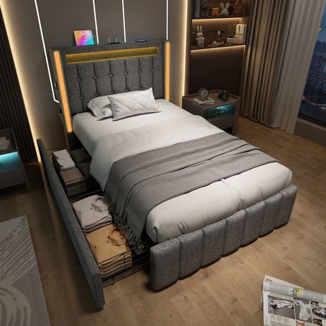 Cama con cajones 90x200 cm con USB y Tipo C LED y 2 cajones, práctica, lino, gris(Sin colchón) (1/5)
