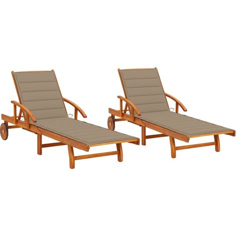 Lot de 2 transats chaise longue bain de soleil lit de jardin terrasse meuble d'extérieur avec coussins bois d'acacia solide (1/5)