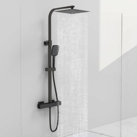 AICA Colonne doccia termostatiche, set doccia con soffione quadrato 25x25cm in acciaio inox e rubinetto termostatico 300x45mm, sistema antiscottature, nero (1/5)