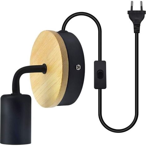 Applique Murale Industrielle Moderne en Bois et Fer, Lampe Intérieur Douille E27 avec Interrupteur (Prise EU, sans ampoule) - Noir
