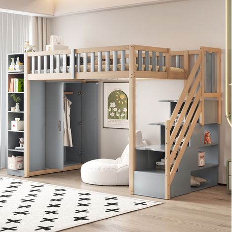 Lit avec tiroirs 90x200 cm mezzanine bois gris HAVRYA (1/5)