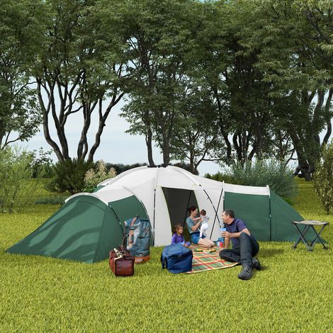 Tente camping 6-9 personnes 4 chambres auvent imperméable 615x615x225cm, verte