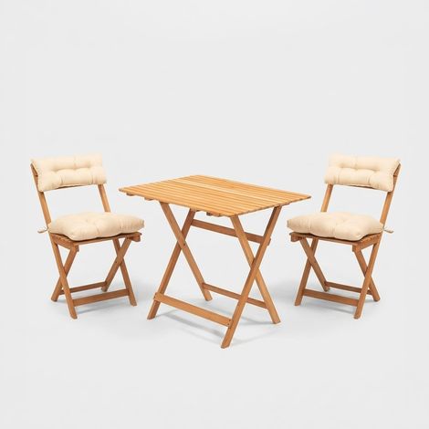 Juego de mesa y 2 sillas plegables de madera para jardín con cojines Sarn 80