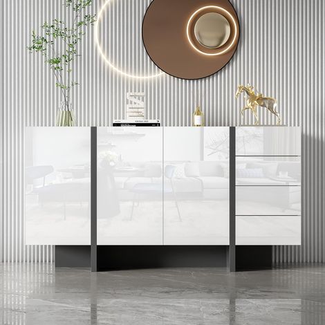 Kommode 150 cm, rechteckig, mit 2 Türen, 4 Stauraumschubladen, glänzend, Regale, Türen, modern, Wohnzimmermöbel aus Holz - Weiß
