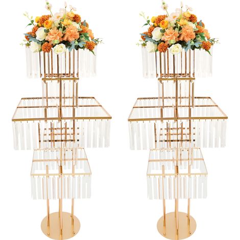Lot de 2 supports à fleurs de mariage à 5 niveaux carrés en métal avec pendentifs cristal, présentoirs floraux sur pied, centre de table pour banquet, fête, événement et réception - base ronde, hauteu (1/5)