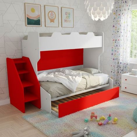 Letto a castello 3 posti con terzo letto estraibile e scaletta contenitore - Una piazza e mezza - Bianco e Rosso
