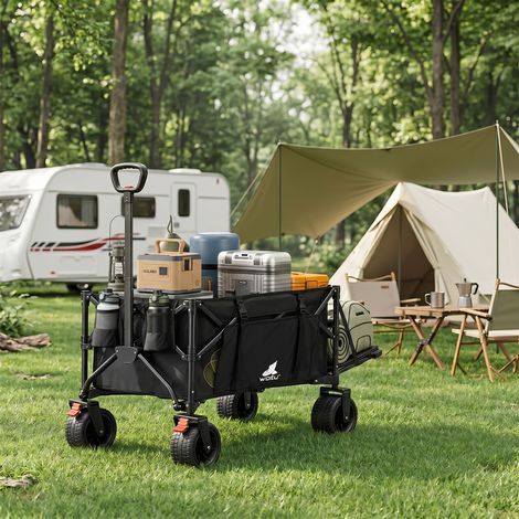 WOLTU Bollerwagen Faltbar Gartenwagen mit 4 großen Rädern Seitentasche 2 Innentaschen  2 Getränkehaltern, 205 L Tragkraft 180 kg Handwagen Campingwagen, für Camping Strand Garten, Schwarz