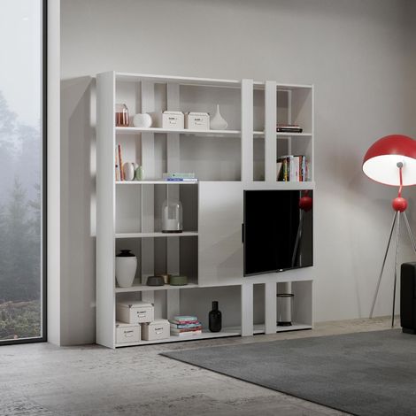 Libreria in legno Bianco Frassino 178x204h cm con porta TV - KATO H (1/3)