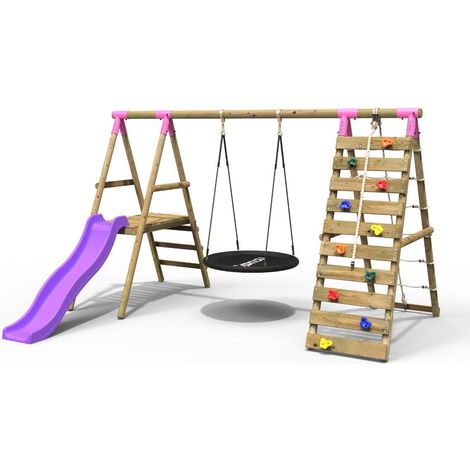 Rebo Wooden Swing Set with Deck and Slide plus Up and Over Climbing Wall - Pyrite Pink