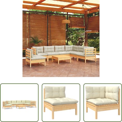 Terrassensofa - 8-tlg. Garten-Lounge-Set mit Creme Kissen Massivholz Kiefer (1/5)