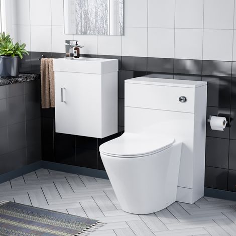 Nanuya 400 White Wall Hung Cabinet, BTW WC Unit & Soft Close Toilet Seat (1/5)