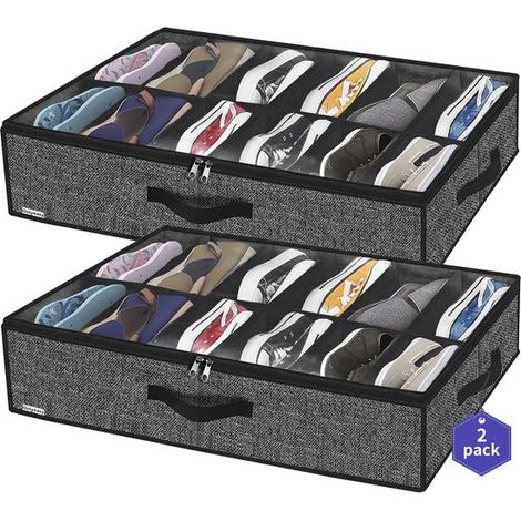 Boîtes de rangement à chaussures sous le lit - Lot de 2 pour 12 à 24 paires - Solution de rangement respirante avec fenêtre transparente - Aspect lin noir (1/5)
