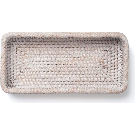 Plateau de salle de bain tressé, plateau de rangement rectangulaire tressé, panier de rangement pour salle de bain, pour l'organisation et la décoration (26 x 12,5 x 4 cm, blanc)