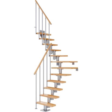 Dolle Mittelholmtreppe Dublin 1/4 gewendelt aus Eiche lackiert 61 cm breit für GH 240–292 cm UK Metall Perlgrau mit Einzelstabgeländer