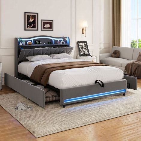 Lit 160x200 cm - 4 tiroirs - Tête de lit avec 3 ports USB et LED RGB - Lit 2 places avec sommier - velours gris (1/5)
