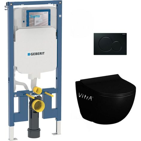 Pack WC Bati-support Geberit UP720 extra-plat + WC Vitra Sento sans bride Noir mat + Abattant softclose + Plaque Noire (1/5)