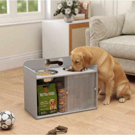 Station d’alimentation surélevée pour chien avec 2 gamelles et meuble, MDF, gris (1/5)