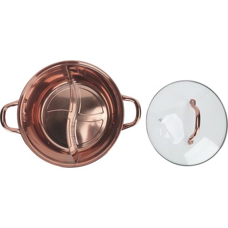Marmite à fondue chinoise 30,3 cm de diamètre, en acier inoxydable 304 antirouille, design compartimenté, motif canard mandarin, couleur or rose (1/5)