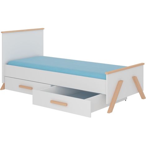 Lit enfant bois pin naturel et blanc 90x200 avec 2 tiroirs de rangement Kandou (1/5)