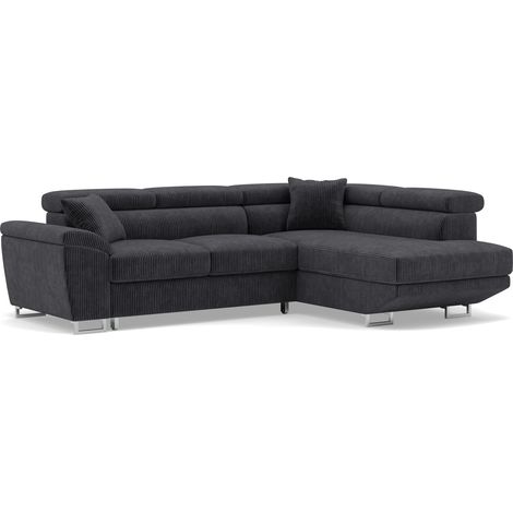 Bestmobilier – Canapé d'angle droit 5 places convertible – Têtières ajustables – Coffre de rangement – Velours côtelé gris – Style contemporain