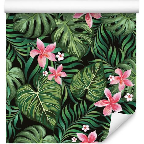 Papel pintado con estampado de hojas y flores tropicales para salón y dormitorio, 50x1000 cm. (1/5)