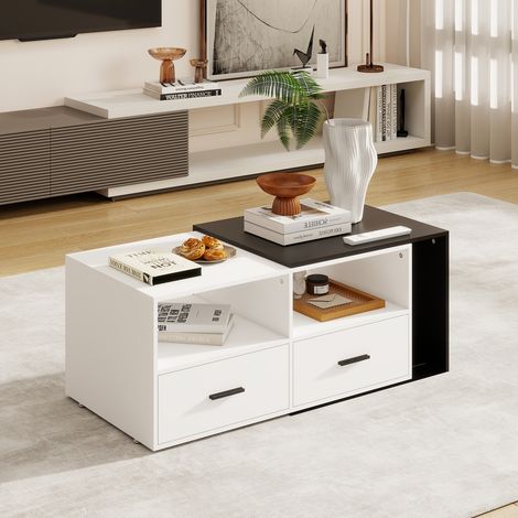 Puluomis – Table basse extensible 91-145 cm – Rangement optimisé avec tiroirs – Design industriel blanc et noir – Roulettes silencieuses (1/5)