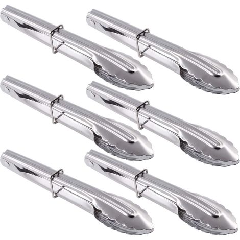 Mini pinces à nourriture en acier inoxydable avec anneaux de sédiments de 17,8 cm, lot de 6 petites pinces pour servir des apéritifs, desserts, salades, barbecue et cuisine (argent) (1/5)
