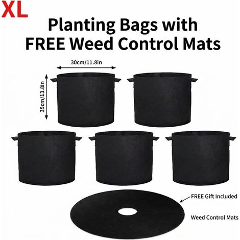 (XL 10 gallons 30 x 35 cm, lot de 5) Sacs de culture avec housses de protection offertes Pots de culture robustes en tissu non tissé pour légumes et fleurs (1/4)