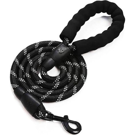 Laisse Chien, Laisse Corde pour Chien avec Poignée Rembourrée Douce, Fils Très Réfléchissants, Sacs à Déchets et Distributeur pour Chien, 1,5 m Corde Laisse pour tous les chiens de taille, Noir (1/5)