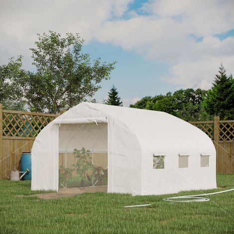 Serre de jardin tunnel 10.4 m² serre de jardin anti-UV porte zippée enroulable fenêtres maille 350 x 300 x 200 cm blanc