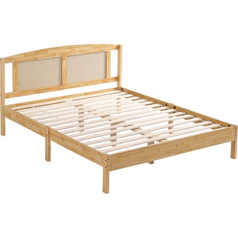 Cama doble 160x200 cm de pino y ratán PE natural con 15 lamas y patas centrales (1/5)