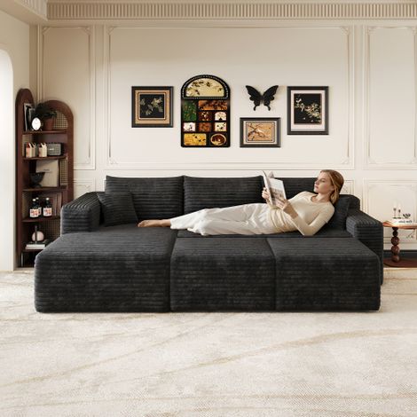 241cm Wolkenmotiv-Sofa, moderne minimalistische bekleidete Couchen, komfortabler L-förmiger Sofa für den Wohnraum, tiefer Sitz mit Ecke, ohne Montage erforderlich, Schwarz