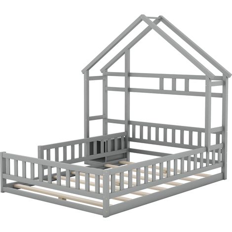 Cama infantil casita 140 x 200 cm con barrera lateral y mesita gris (1/5)