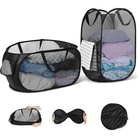 Pop Up Wäschekorb Faltbar 2 Stück aus Netzmaterial (36  36  58cm) mit Henkel für Badezimmer, Camping, College Dorm und Reisen, Zusammenklappbarer Korb für schmutzige Wäsche (Schwarz)