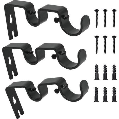 Support De Tringle À Rideau - Métal Noir - Réglable 9 À 11,5 Cm Du Mur - Pour Tringle Jusqu’à 25 Mm - Charge Max 10 Kg - Lot De 3