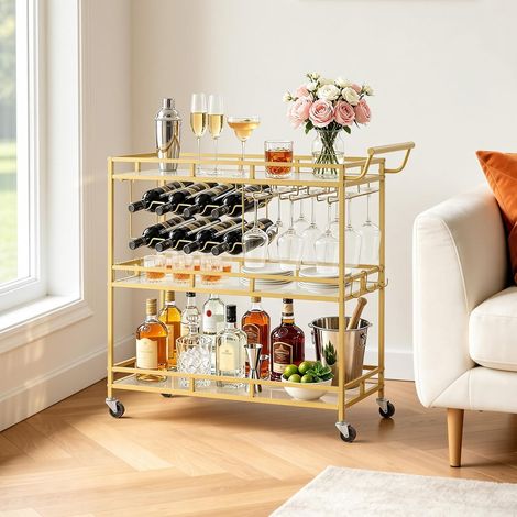 Desserte Bar, Chariot de Service à 3 Niveaux, pour Rangement Vins Ustensiles Cuisine Salon, Bar Roulant avec Plateau en Verre Trempé, Range-Bouteilles et Porte-Verres, Chariot à Boissons Doré (1/5)