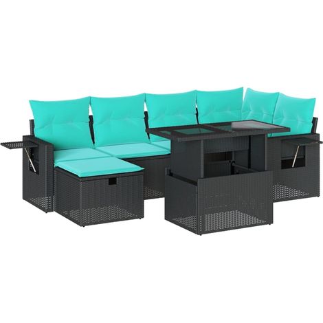 7-teiliges Gartensofa-Set mit Kissen, schwarzes Polyrattan vidaXL (1/5)