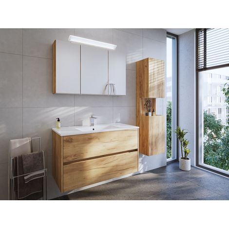 Badmöbel Set Taifun 3tlg. 100 cm mit Spiegelschrank und Hochschrank eiche gold (1/5)