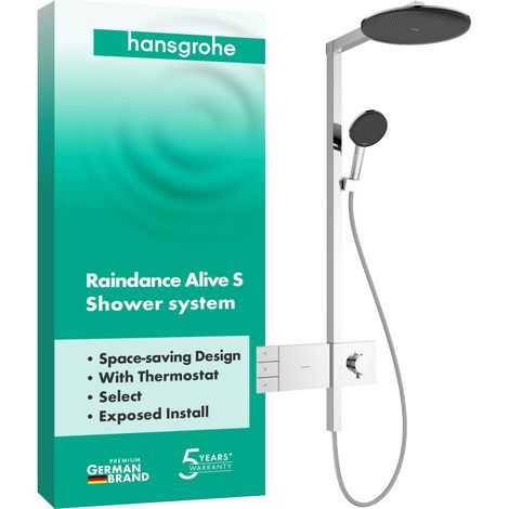 Colonne de douche avec mitigeur thermostatique, douche pluie (300 mm), douchette, support, tuyau de douche, barre et tête de douche 2 jets, Chromé, 24595000 (1/5)