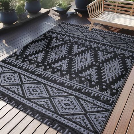 Tapis extérieur, résistant aux intempéries, en plastique, pliable, lavable, anti-UV, réversible, pour terrasse, camping, pique-nique, 150x240 cm, noir et gris (1/5)
